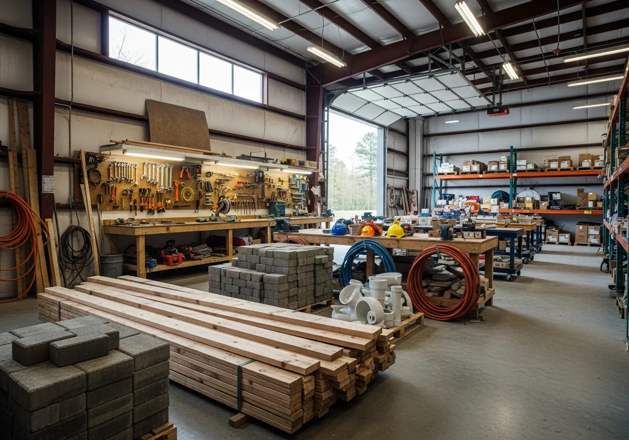 Construction crew and tools ready for residential building project. Workshop space with equipment and materials organized for home construction work.
