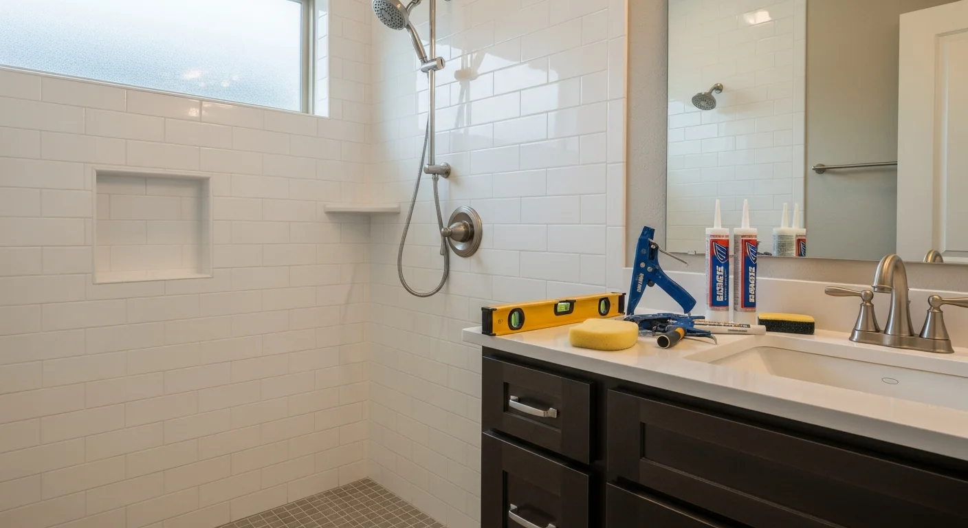 Modern bathroom with new tile, vanity, and fixtures