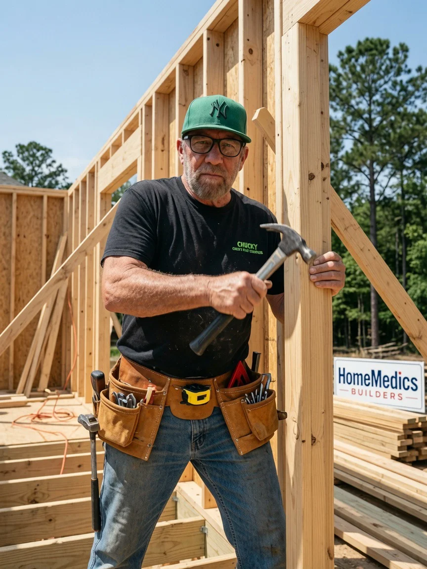 Wood framing construction with dimensional lumber studs, roof trusses, and floor joists