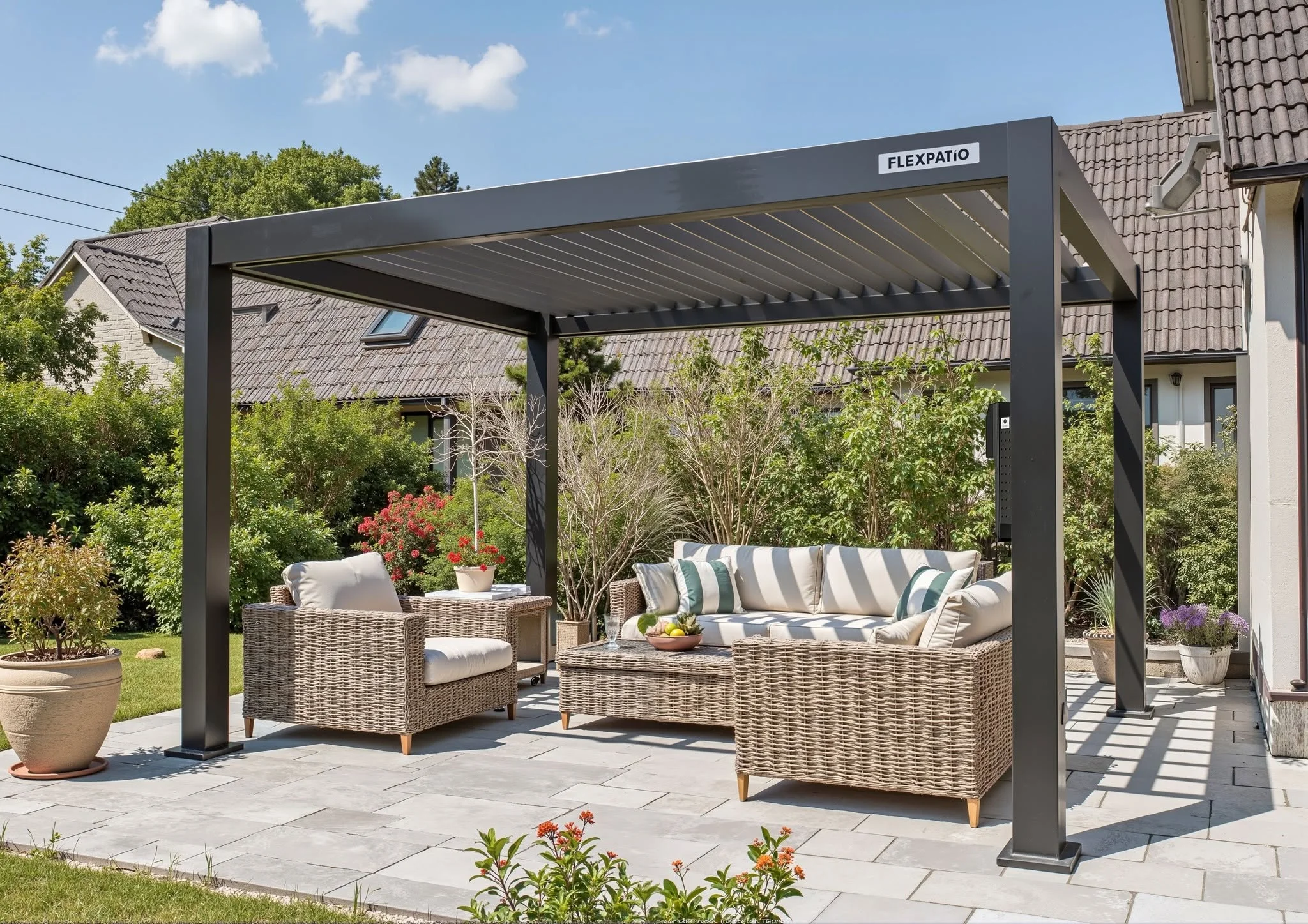 Dark gray motorized pergola with adjustable louvers over stone patio and wicker seating