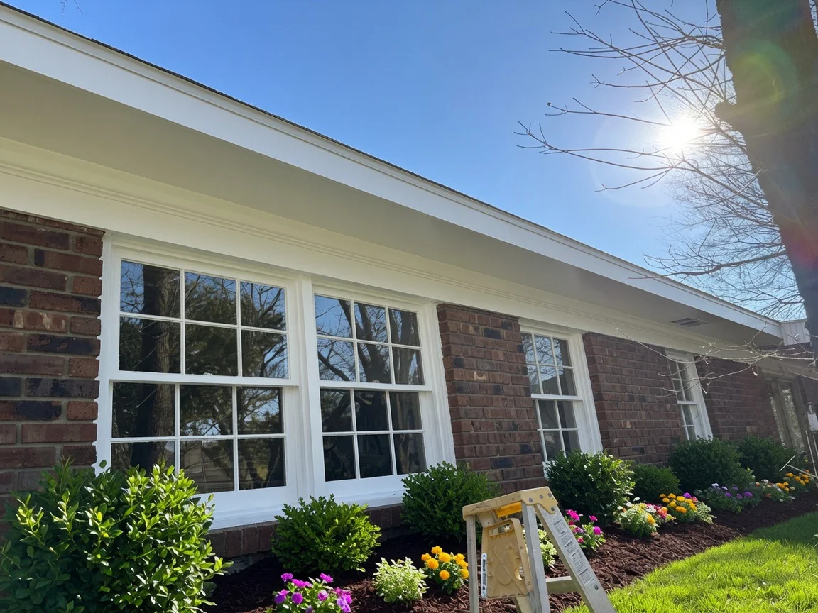 Four white grid-pattern windows installed on brick home exterior with landscaping