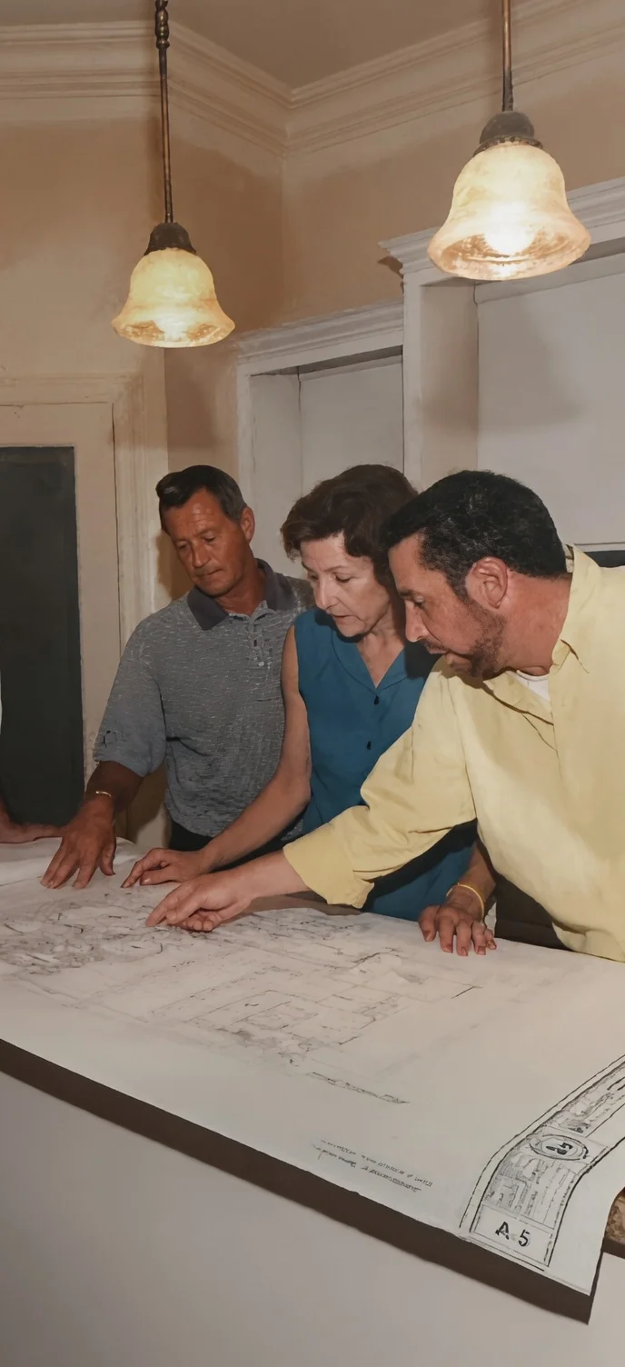 Contractors reviewing kitchen renovation blueprints with pendant lights and crown molding visible