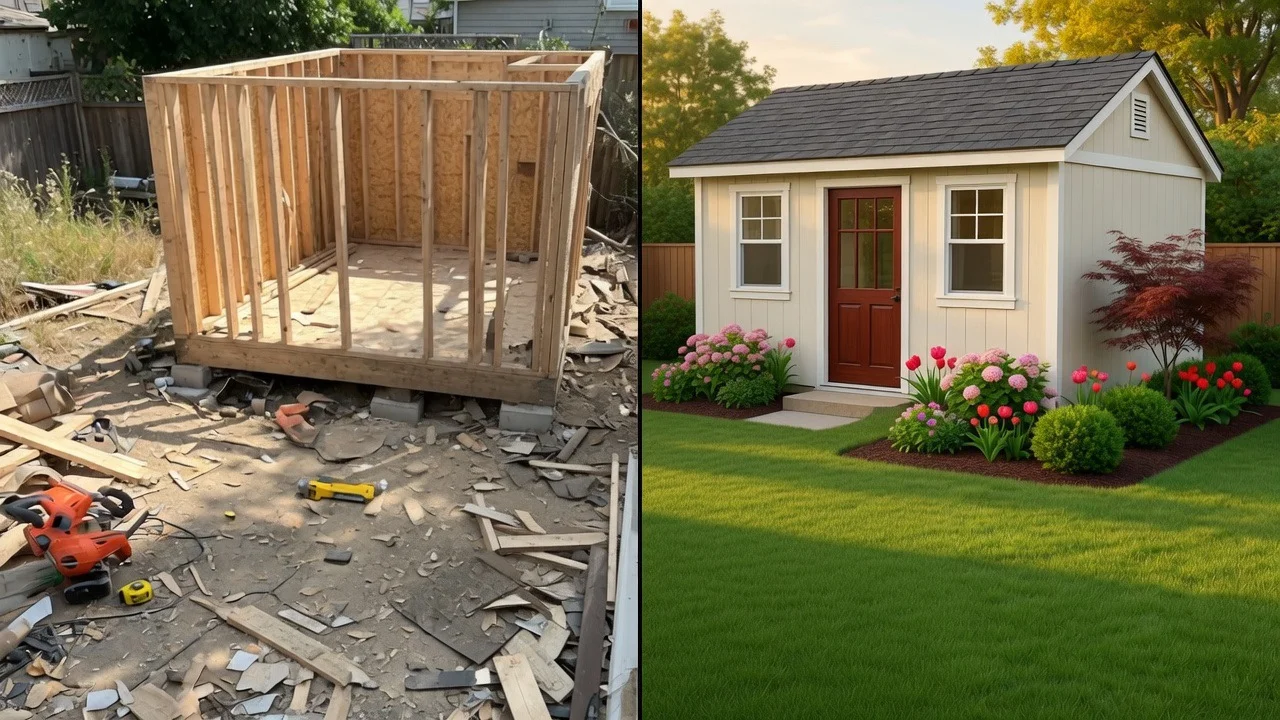 Wooden shed frame under construction with stud walls and foundation supports