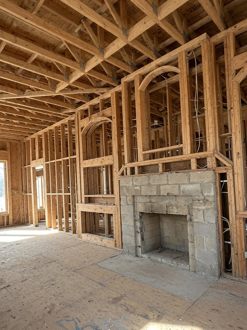 Wood-framed interior with exposed studs, roof trusses, and concrete block fireplace