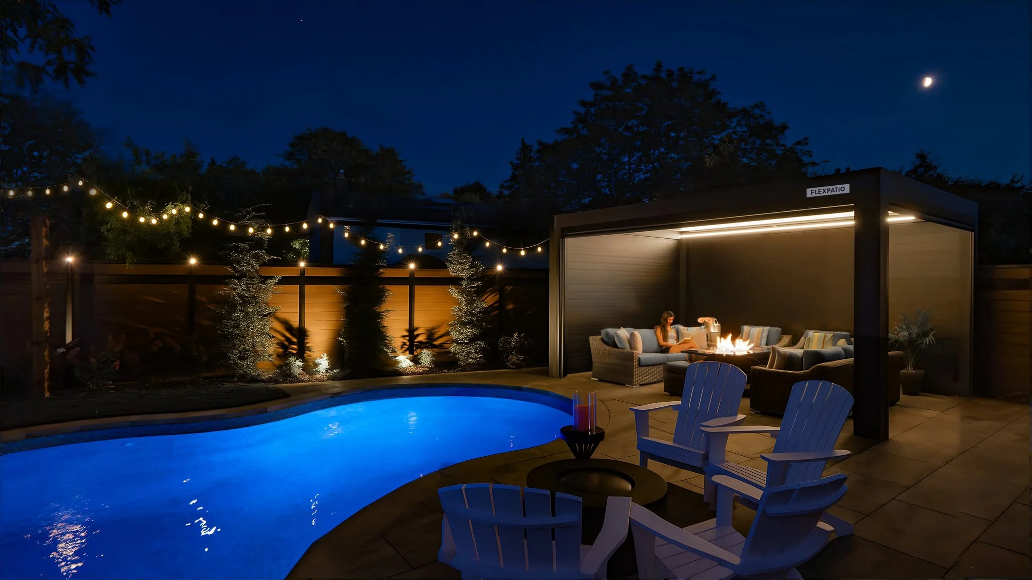 Illuminated freeform pool, patio deck, pergola pavilion with fireplace, string lights, and landscape lighting at dusk