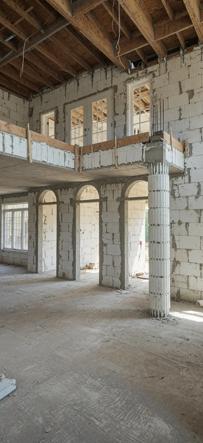 Multi-story interior with concrete block walls, wooden joists, arched openings, and structural column