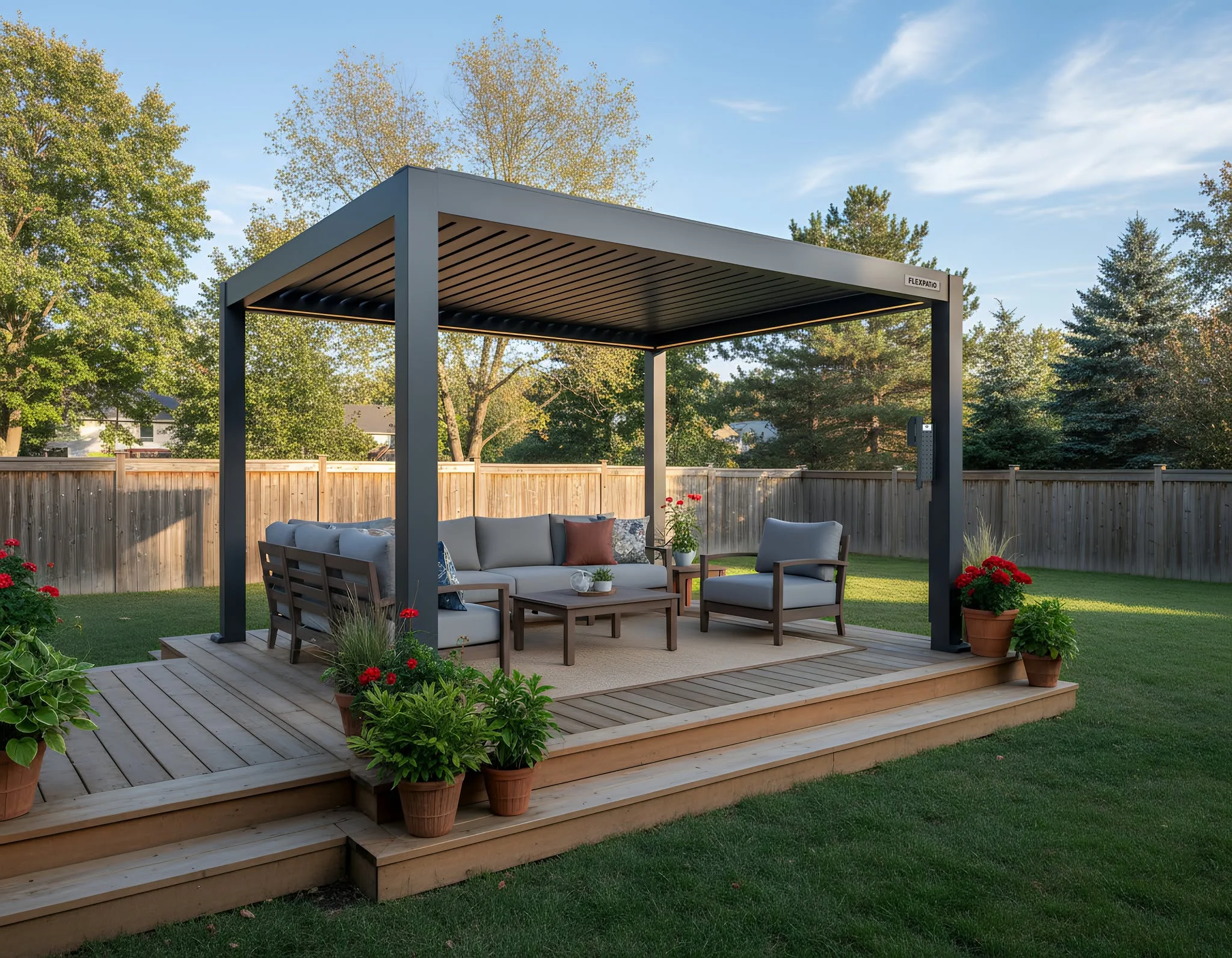 Black pergola with motorized louvers over composite deck and seating area