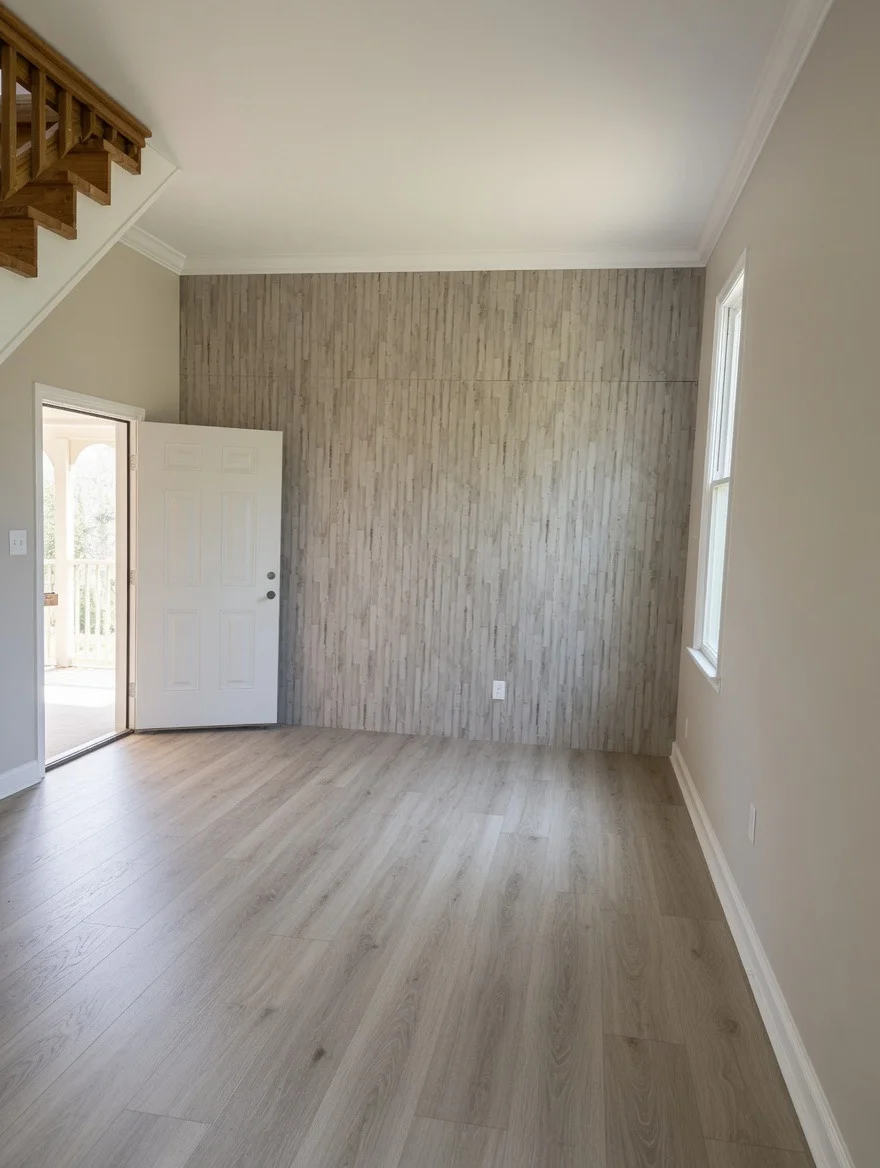 Great room with gray vertical shiplap accent wall, light oak vinyl plank flooring, and white ceiling