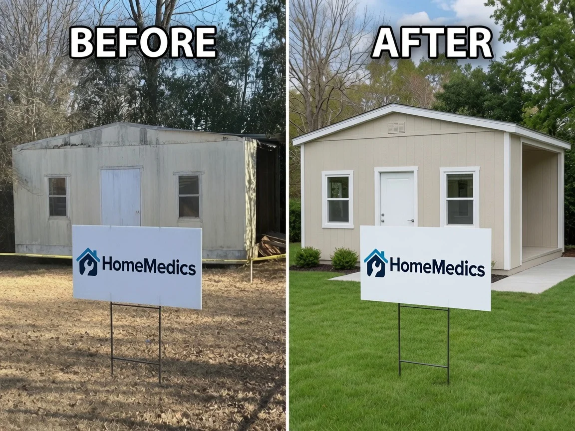 Before and after metal building exterior renovation with new paint, trim, windows, and concrete pad