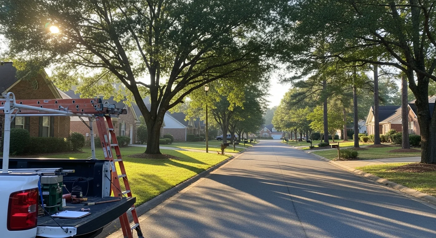 Residential street in Warner Robins with tree-lined homes and driveways, typical of the city's established neighborhoods.
