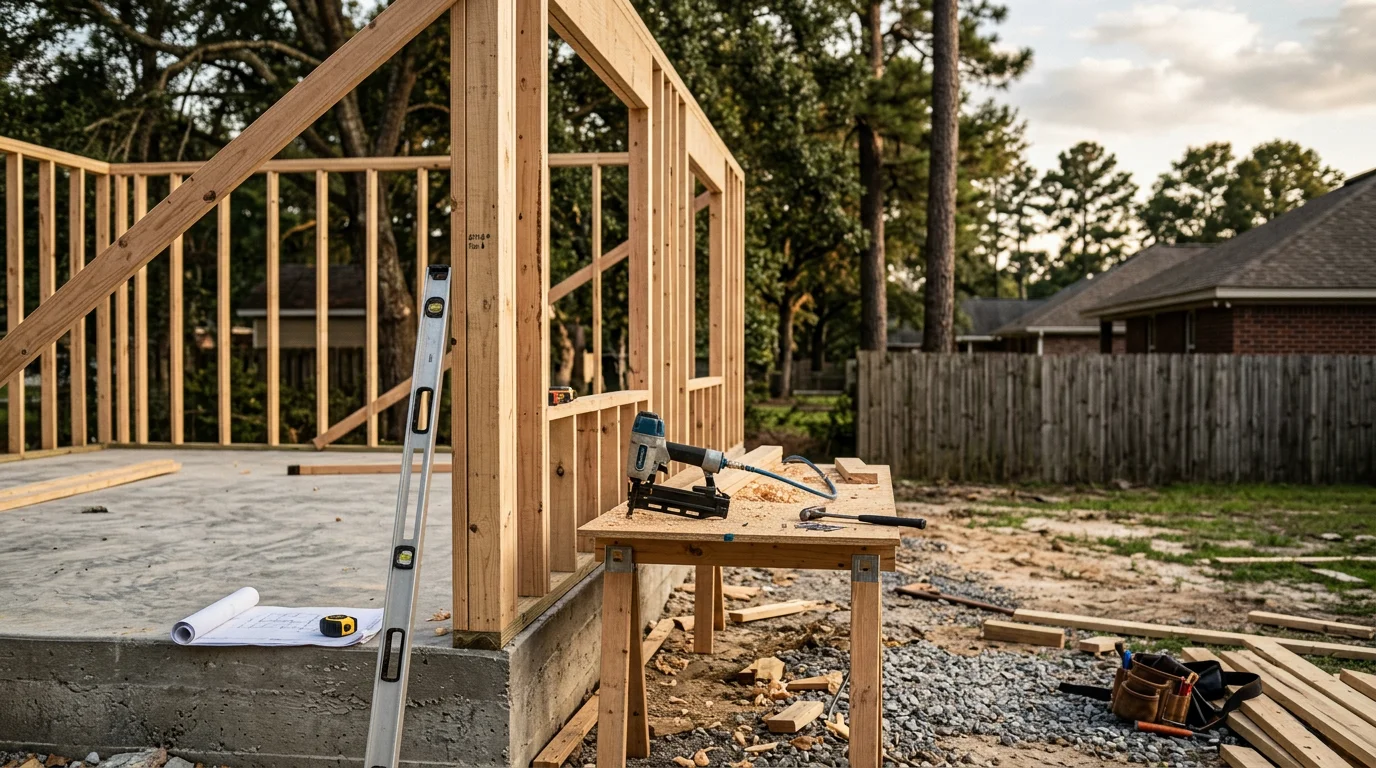 A newly constructed detached accessory building with a pitched roof on a residential lot in Warner Robins, GA. The structure sits behind the main home with a clean concrete approach and wood-framed walls.