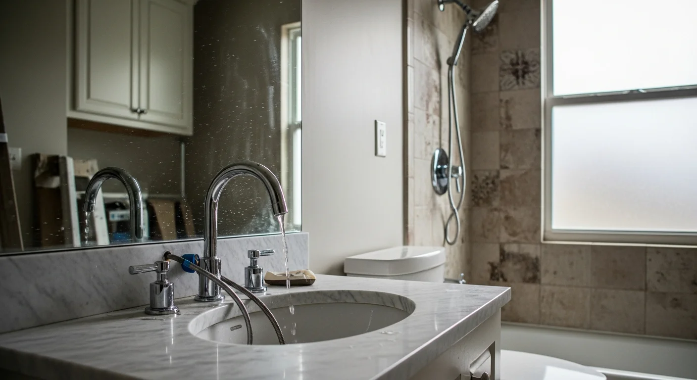 A newly installed bathroom vanity faucet and undermount sink in a Warner Robins, GA home, with clean supply line connections and a dry, properly sealed drain. A replaced toilet with a fresh wax seal and secure base sits in the background of the same bathroom.