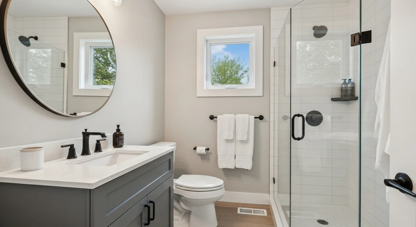 A remodeled bathroom in a Warner Robins, GA home featuring a walk-in tile shower, updated vanity, and new flooring. The finished space reflects a full renovation completed by HomeMedics for a Middle Georgia homeowner.