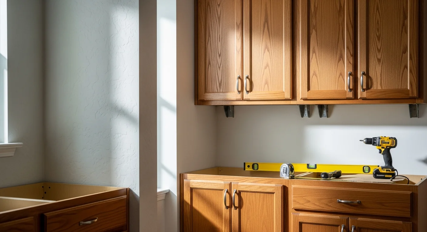 Newly installed kitchen cabinets in a Warner Robins, GA single-family home, with white upper and lower cabinet boxes fitted flush against painted walls. The installation shows clean lines, level alignment, and open counter space in a mid-sized kitchen.