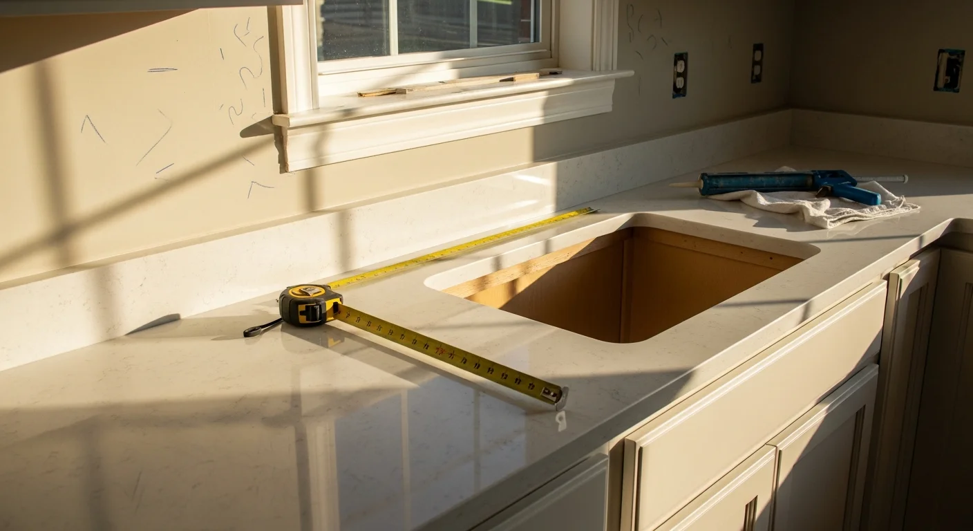 Newly installed countertop in a Warner Robins, GA kitchen, showing a clean surface fitted to white cabinets with an undermount sink. The space reflects a typical single-family home interior common throughout the Warner Robins area.