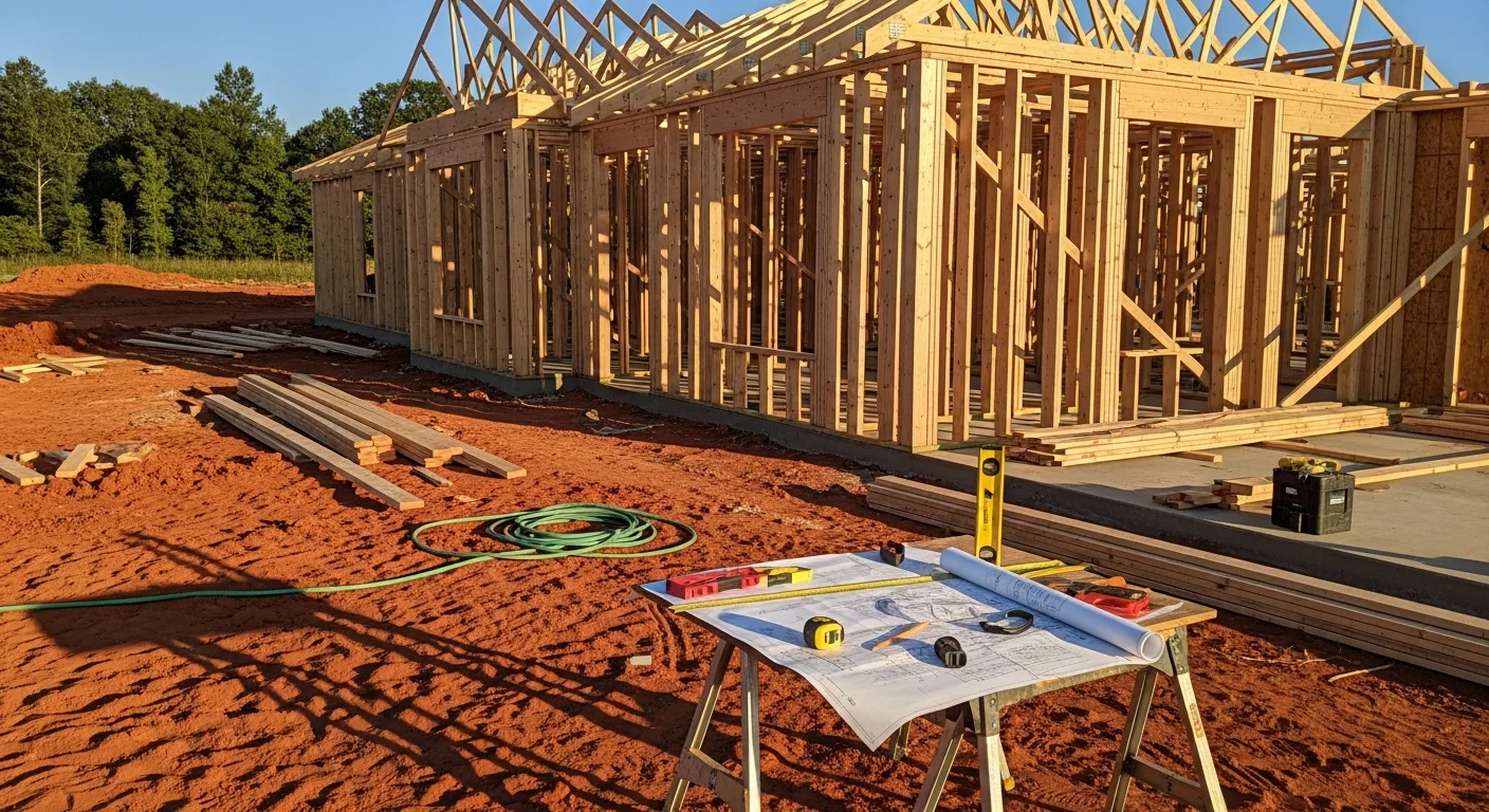 A newly completed custom-built single-family home in Warner Robins, Georgia, with a covered front porch, pitched roof, and landscaped front yard on a residential lot. The home shows clean exterior finishes and a full driveway typical of new construction in Houston County.