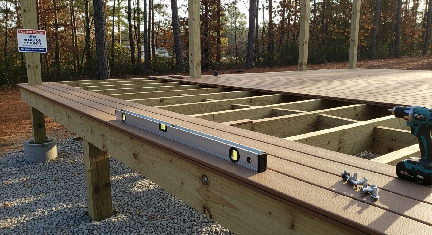 A newly constructed wood deck attached to the back of a single-family home in Warner Robins, GA, featuring built-in railings and steps leading to a grassy backyard. The deck structure shows exposed framing, evenly spaced decking boards, and post footings set into the ground.