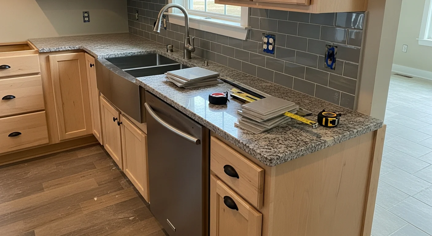 Remodeled kitchen interior in a Warner Robins, GA home featuring updated cabinetry, new countertops, and refreshed flooring. General contractor renovation completed by HomeMedics for a Middle Georgia homeowner.