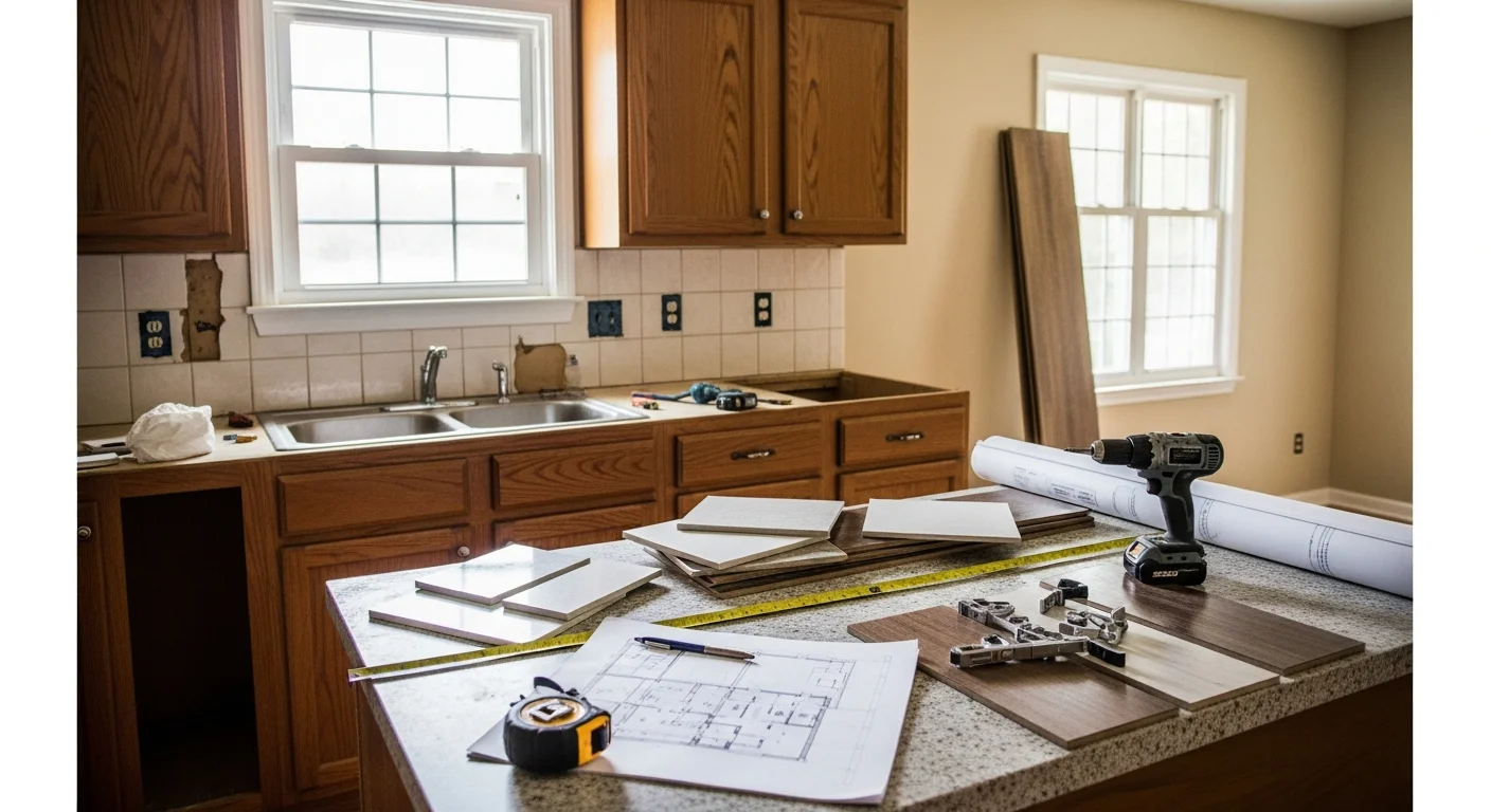 Remodeled kitchen interior in a Warner Robins, GA single-family home, showing updated white shaker cabinets, a center island with dark countertops, and recessed lighting over a clean open layout. The space reflects a typical Middle Georgia home renovation with practical storage and a connected flow to the dining area.