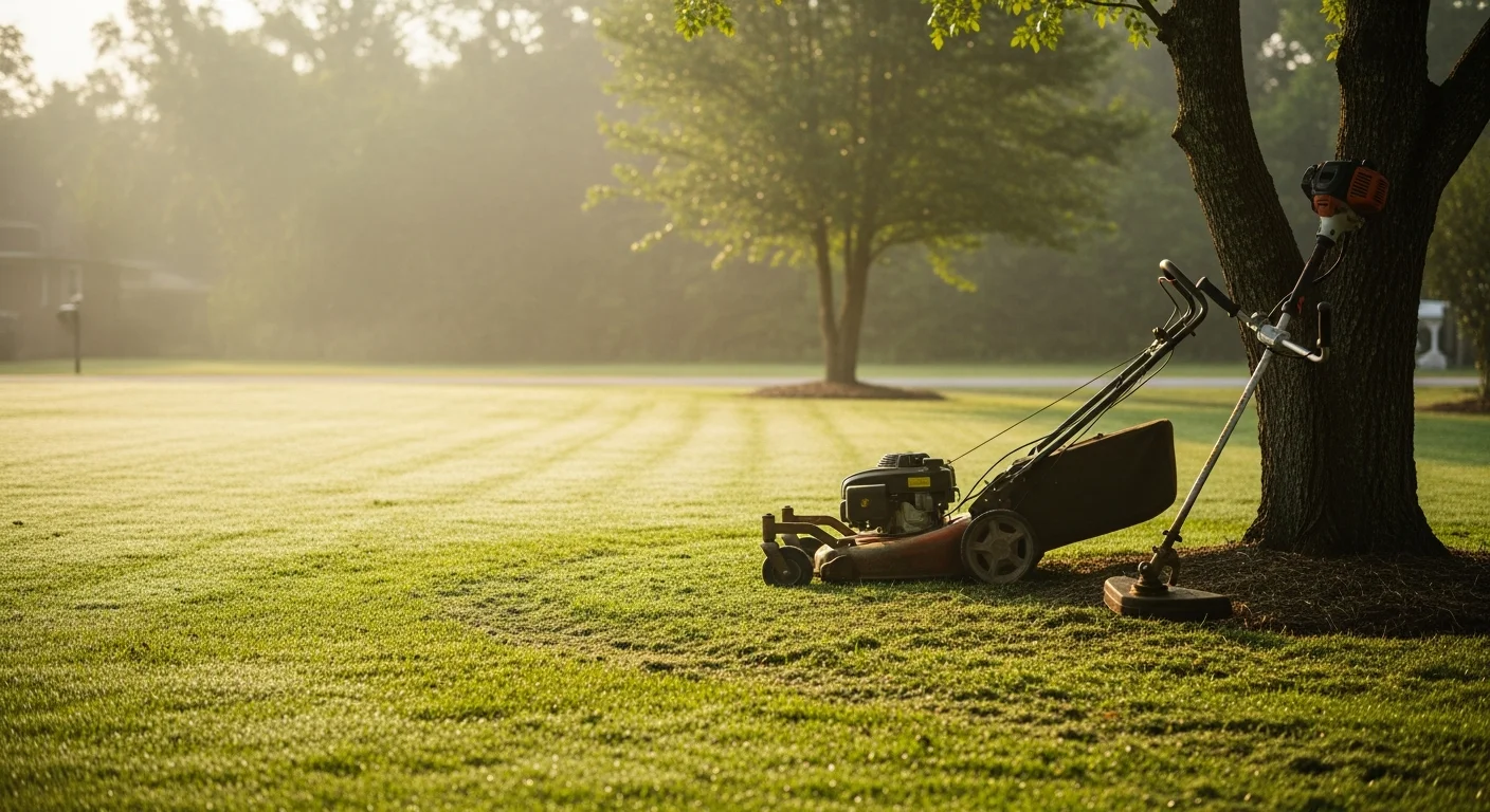 A neatly maintained residential front lawn in Warner Robins, GA with clean mow lines, trimmed shrubs, and sharp bed edges. A landscape contractor from HomeMedics edges the driveway border on a sunny Middle Georgia afternoon.