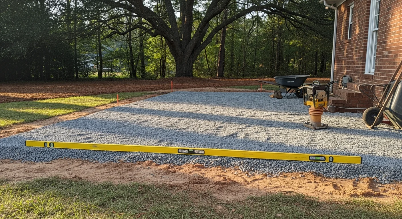 A newly installed backyard patio in Warner Robins, GA with a clean hardscape surface, level edges, and surrounding lawn. The finished patio extends from the rear of a single-family home with space for outdoor seating.