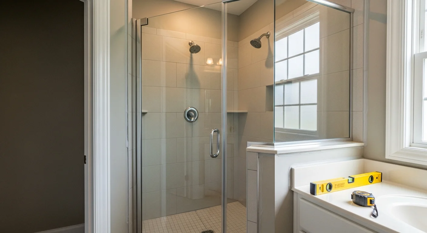 A newly installed walk-in shower in a Warner Robins, GA home, featuring a tiled surround, frameless glass enclosure, and updated fixtures. The bathroom reflects a clean, modern layout typical of a remodeled ranch-style home in the Warner Robins area.