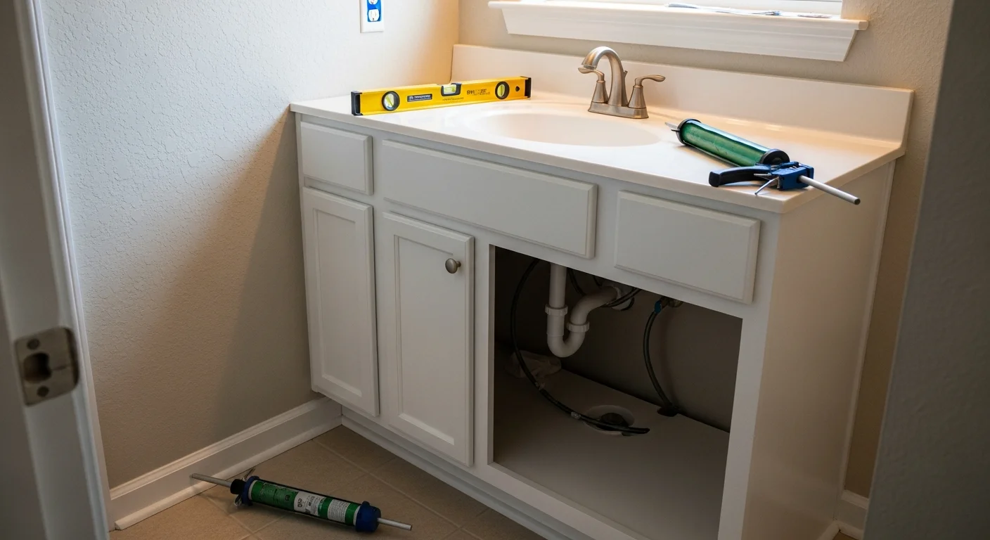 A newly installed bathroom vanity with a wall-mounted cabinet and integrated sink in a Warner Robins, GA home bathroom. The vanity sits flush against a painted wall with visible plumbing connections neatly concealed beneath the cabinet.